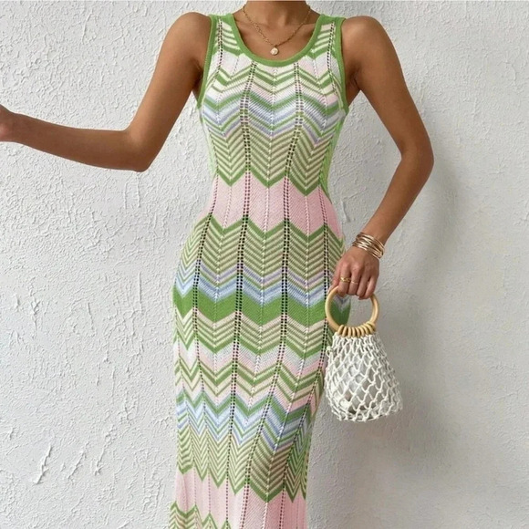 Chevron Pattern Pointelle Knit Sweater Dress - Picture 1 of 5